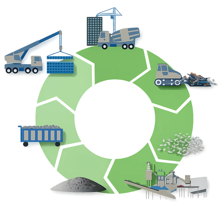 The C&D waste recycling cycle: construction, demolition, transport, processing, recycled aggregates
